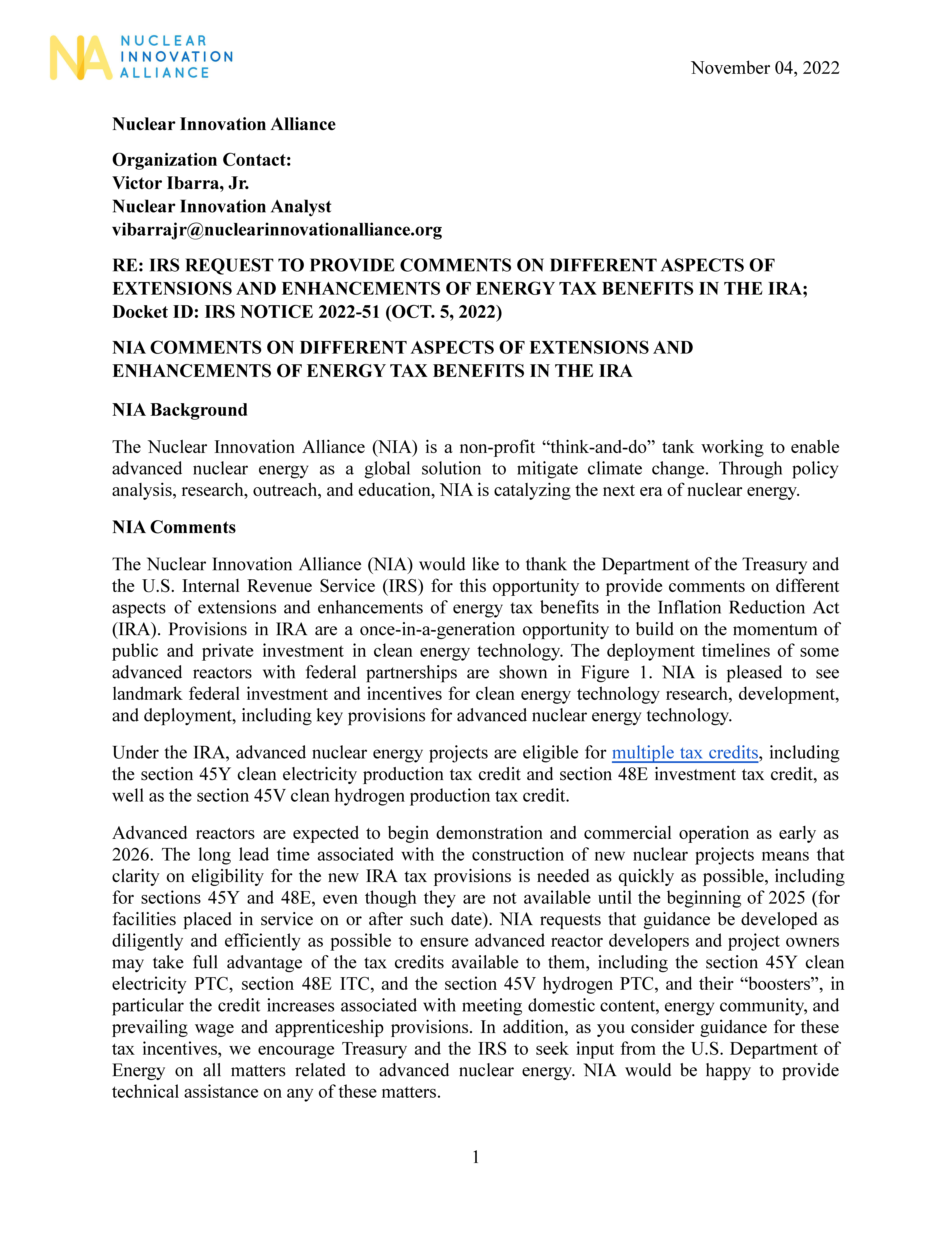 NIA comment to IRS on IRA Tax Provisions